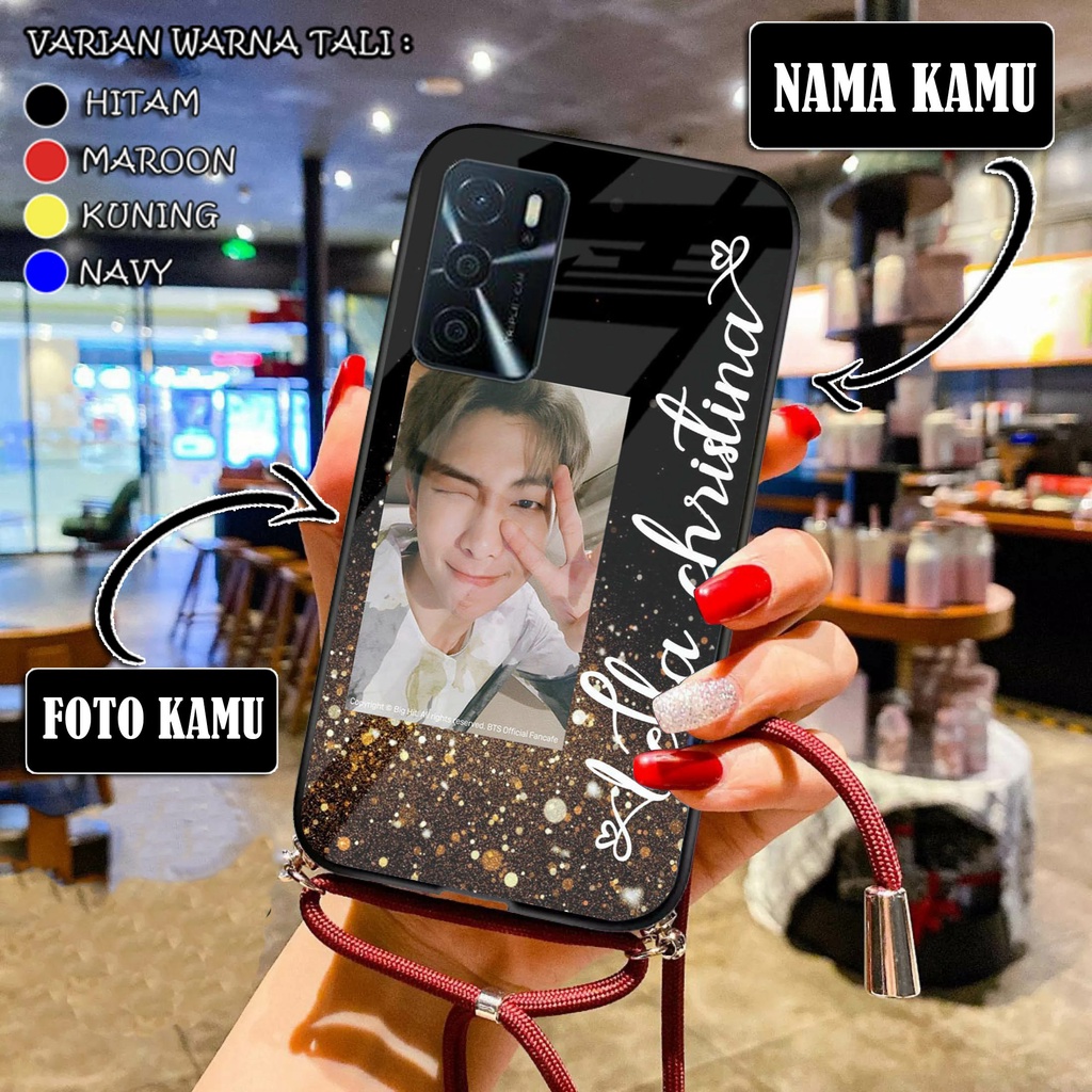 Custom Nama Softcase Glass +Tali for Oppo A16 | Casing Tali | Case Tali | Case Tali Kaca | Case kaca