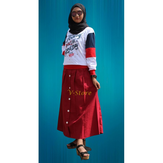 Rok Panjang Wanita Bahan Katun Rok Model Kancing Putih Lurus Numia Rok Wanita Muslimah Warna Merah