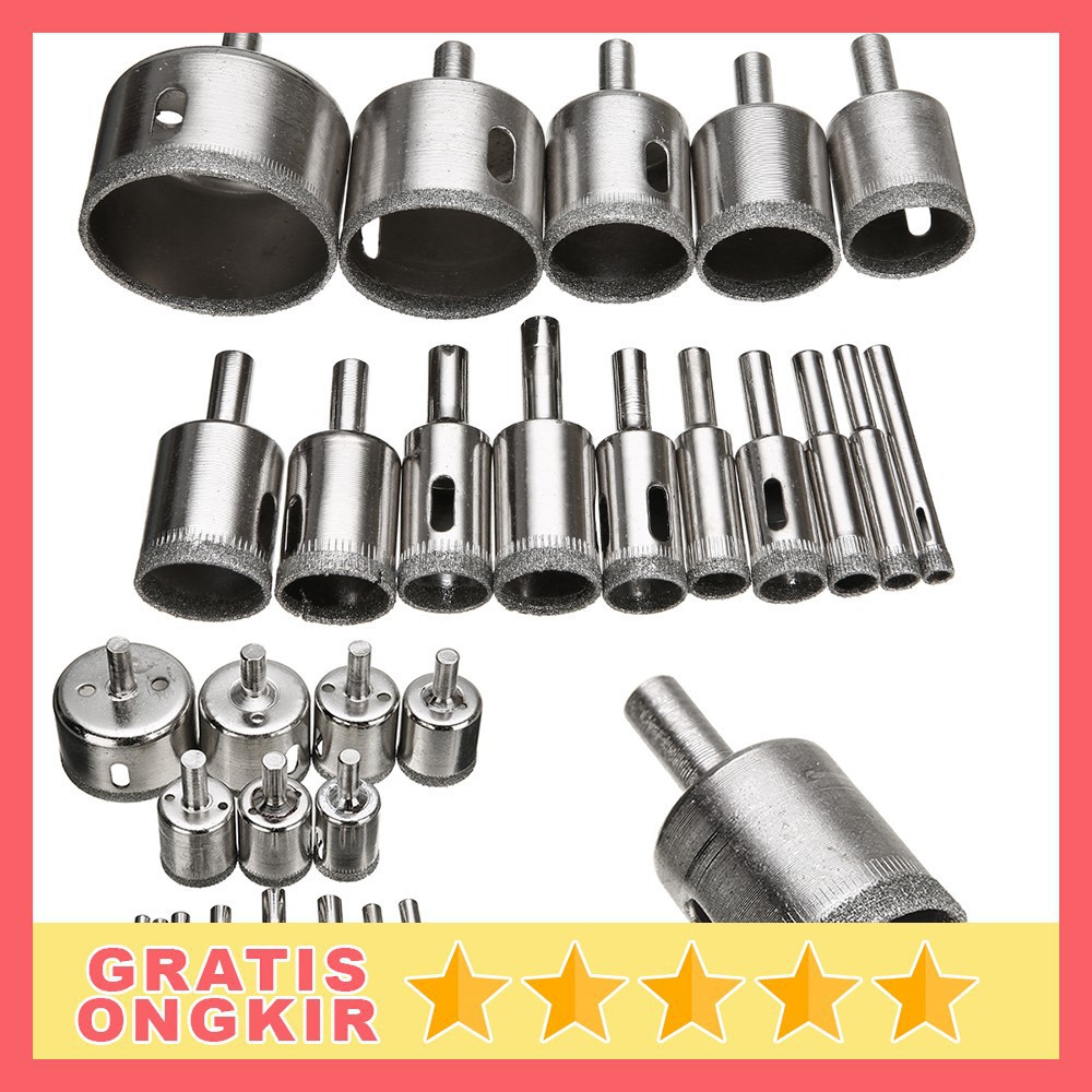 SH8-2 Set isi 16 / 15 / 10 Pcs Mata bor Keramik Kaca Marmer Bulat 1  Lubang Diamond Granit Besi Baja 8mm Sampai 50mm / Set MataBor Kaca Holesaw Hole Saw Keramik Granit Marmer Batu Porselen Permata Hss Pelubang Ceramic Original Asli