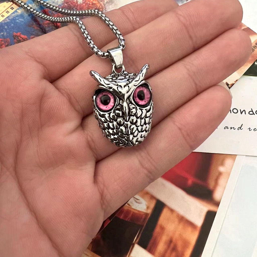 Kalung Liontin Burung Hantu Mata Biru Mata pink Hijau Bahan Stainless steel Untuk Pria Dan Wanita