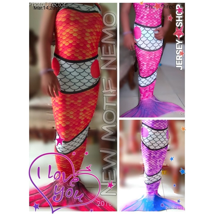 Anak-Duyung-Kostum- New Motif Nemo Ariel Kostum Mermaid Baju Renang Putri Duyung - 3-4 Tahun, Merah