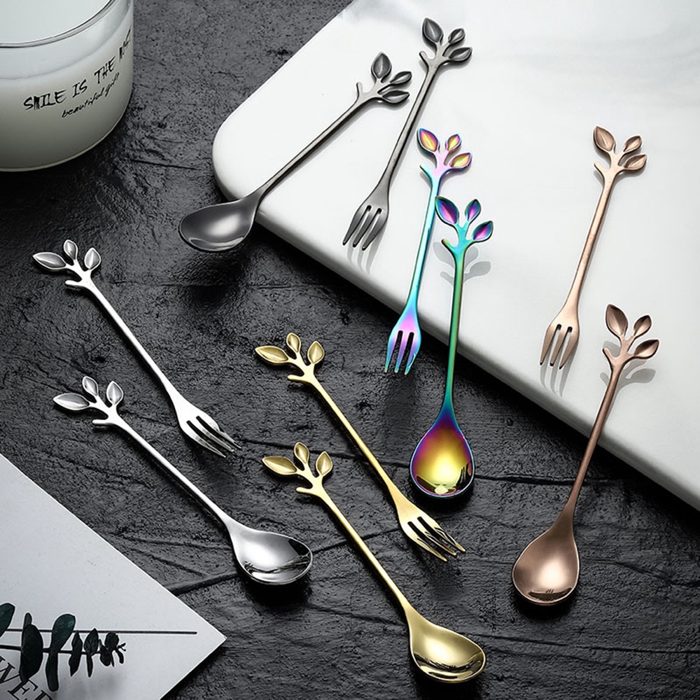 REBUY Kitchen Delicate with Long Stem Fruit Fork Stainless Steel Tea Spoon