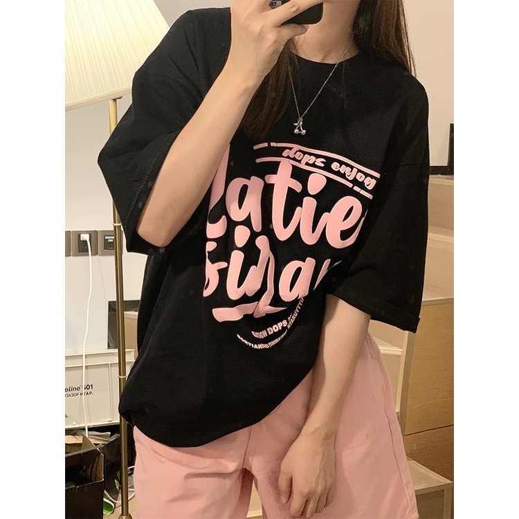 EUNII T-Shirt Lengan Pendek Hitam Longgar Korean Style/Kaos Atasan Wanita/Baju Oversize Wanita