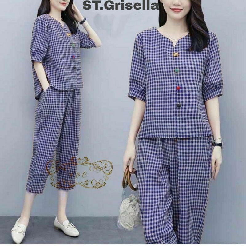 SET CELANA FASHION GRISELLA KOTAK, KATUN, SETELAN, 2 UKURAN