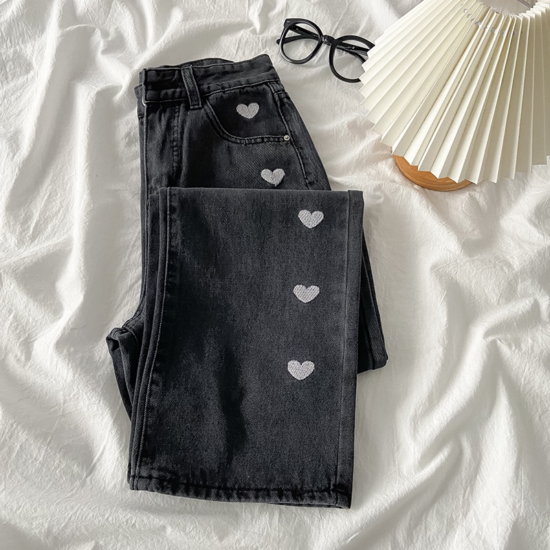 new Hitam Love embroidery Ccelana jeans panjang wanita