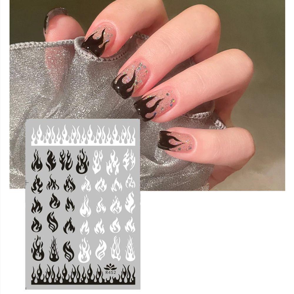 AUGUSTINA Agustin 3D Flame Nail Art Stiker Gaya Perancis Klein Biru INS Beruang Lucu Checker Manicure Aksesoris Gadis Geometris DIY Dekorasi Nail Art