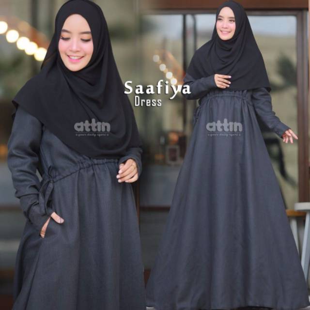 Gamis Saafiya by Attin Busui Syari Cantik Polos Adem Nyaman Warna Hitam Serut Dua pinggang