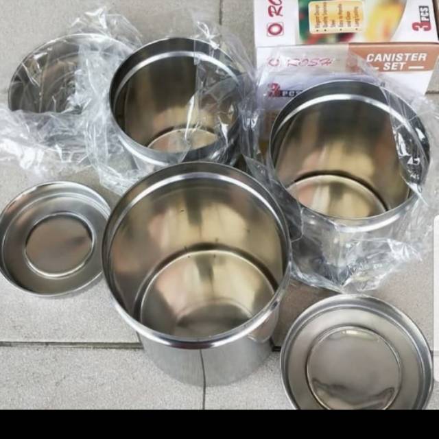 Canister set rosh stainless 3pcs / tempat wadah gula kopi teh garam stainless isi 3pcs / tempat bumbu dapur / tempat penyimpanan kopi