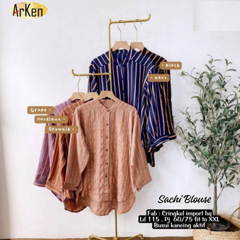 SACHI BLOUSE BY ARKEN TOP ATASAN BLOUSE BAKU KEMEJA WANITA MOTIF GARIS BAHAN  CRINKLE IMPORT HQ LD 1