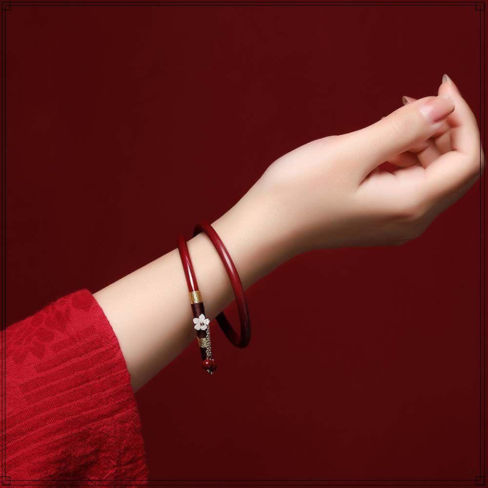 Mxbeauty Vermilion Merah Gelang Mewah 2 Pcs/Set Bunga Gaya Nasional Natal Tahun Hadiah Gaya Cina Perhiasan Gadis Wanita Bangles