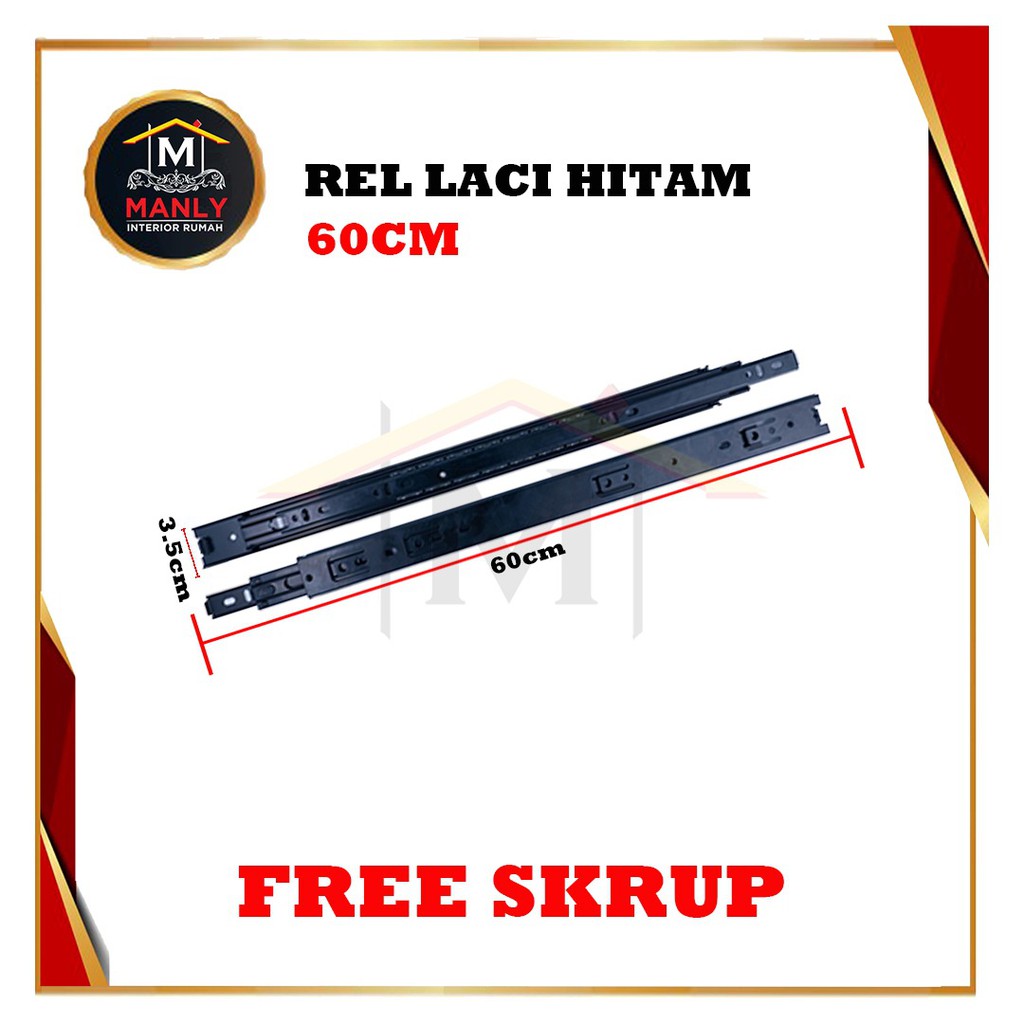 Rel Laci (Hitam) 60 Cm 1 set (2 pcs)  Double Track Mapla Full Extention 3,5cm ( 2x Tarik) Free Skrup