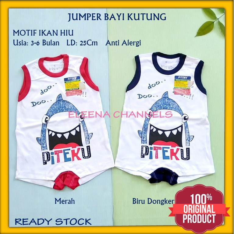 Baju Jumper Bayi Laki-laki Kutung 0-6 Bulan Motif Hiu | Piteku Pakaian Anak Baby Boy Anti Alergi
