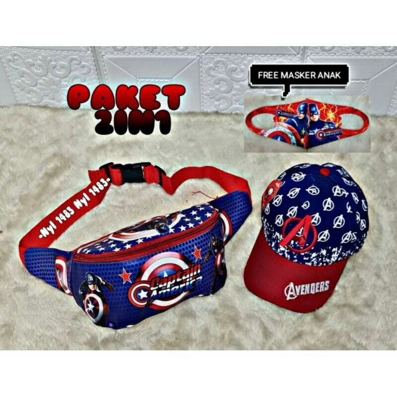 Paket 2in1 FREE MASKER tas selempang anak topi anak waist bag anak laki laki topi anak laki laki motif captain america