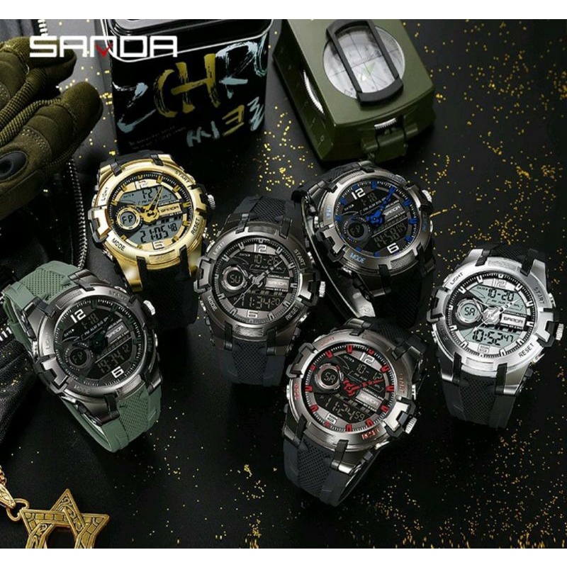 TERVIRAAAAALLLLL 0SANDA 6015 Jam Tangan Pria Digital Analog Sport EL Backlight Tali Rubber Anti Air