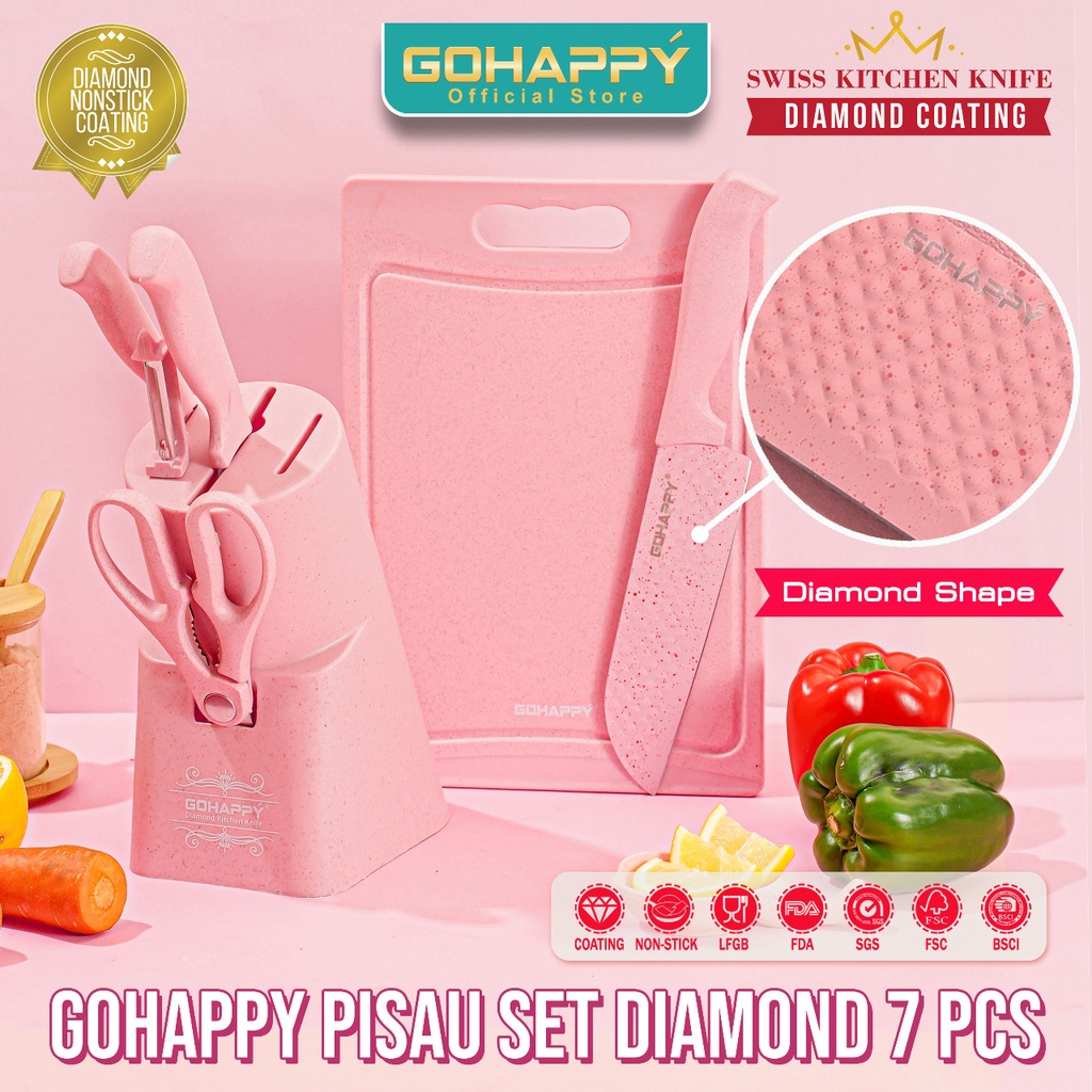 Pisau Set GOhappy Diamond Knife Telenan Gunting Set Pink Free Holder Pisau Cantik