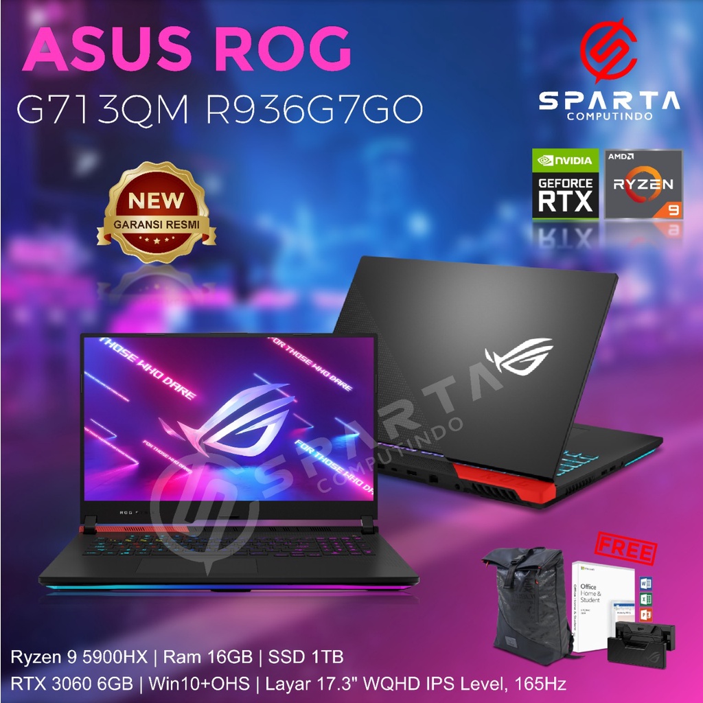 LAPTOP GAMING ASUS ROG G713QM R936G7GO RYZEN 9 5900HX 16GB 1TB SSD RTX3060 6GB W10+OHS 17.3QHD 165HZ IPS PKRGB CAM 90W GRY