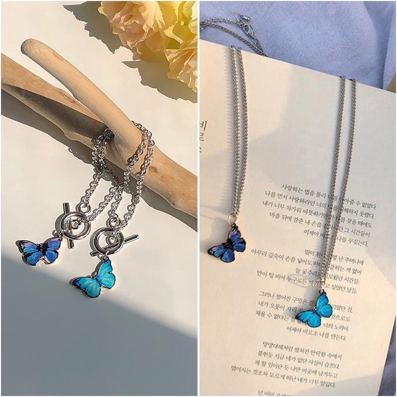 Fashion Kalung Kupu-kupu Gradien Biru Gelang In Rantai Butterfly Necklace Bracelet Klavikula Wanita