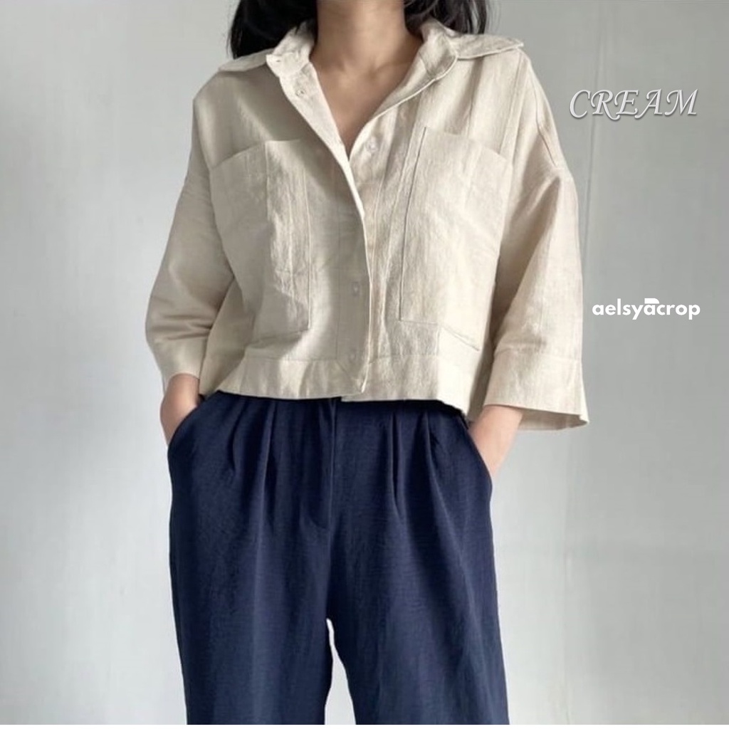 Atasan Crop Linen Kemeja Basic