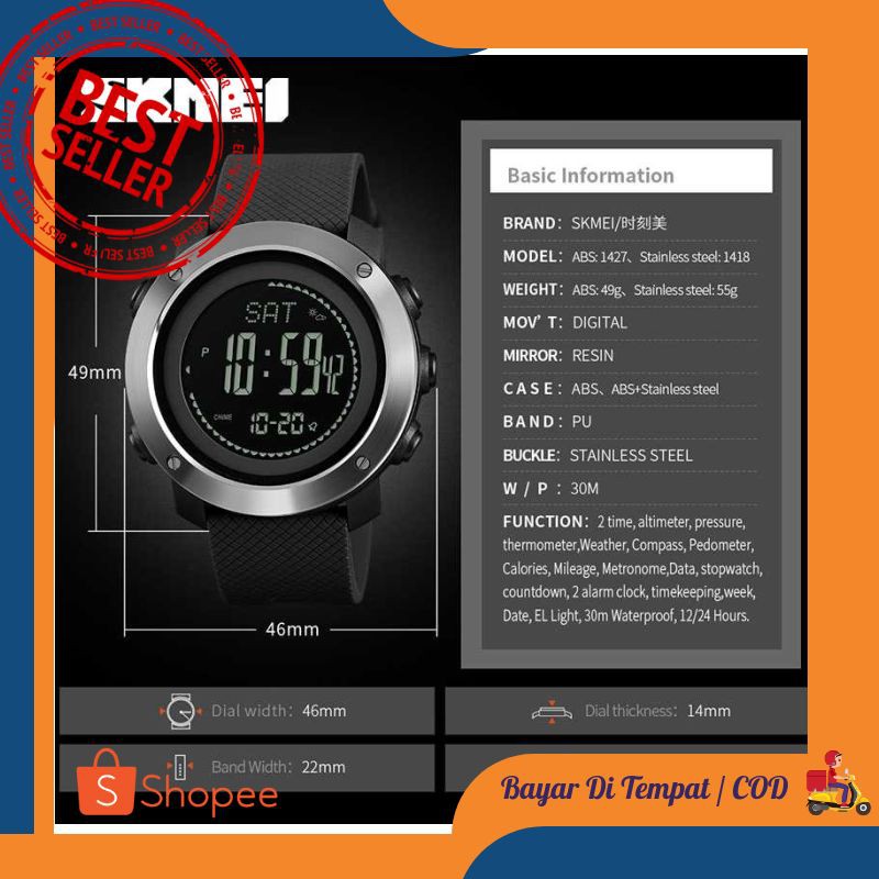 SKMEI Jam Tangan Digital Sporty Pria Pedometer Calorie Compass/ -1418-