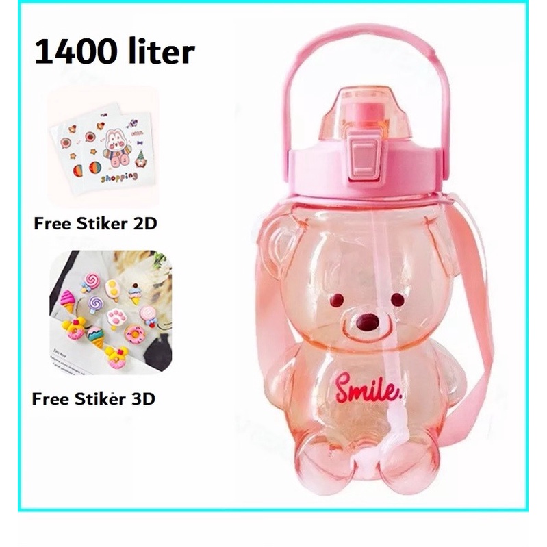 botol minum 1 liter 2 liter viral Kawaii Bear Straw Bottle Beruang 3D Transparan 1400 Liter