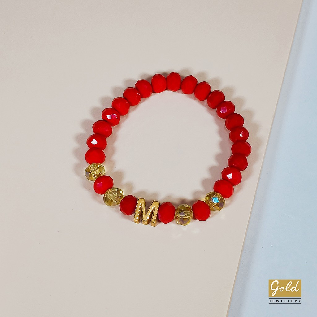Gelang tali emas kuning kadar 700 70% charm inisial M bsr batu merah