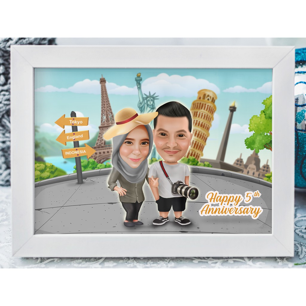 Kado Pernikahan Karikatur 2 Wajah Couple Bingkai 21x30 Cm Unik