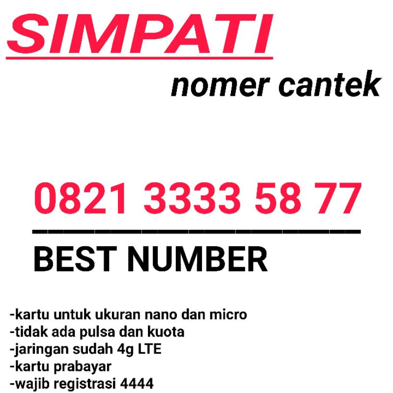 KARTU PERDANA NOMOR CANTIK SIMPATI TELKOMSEL 4G 3333 58 77