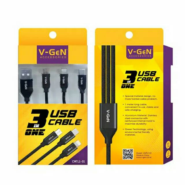 Kabel Data 3 in 1 MicroUSB Type C Lightning V-GeN CMTL1-01 2.4A VGEN