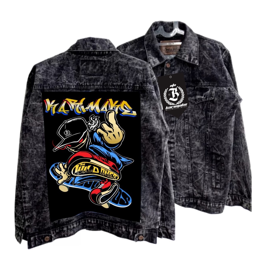Eta karimake jaket jeans black sandwash gambar belakang seketboard merah printing 3 dimensi terbaru