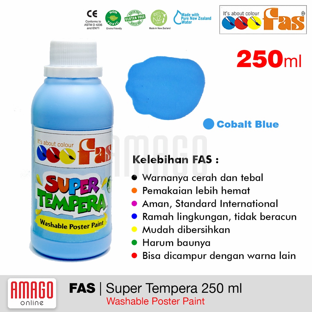 FAS - SUPER TEMPERA WASHABLE POSTER PAINT - 250 ml - COBALT BLUE (BIRU MUDA)