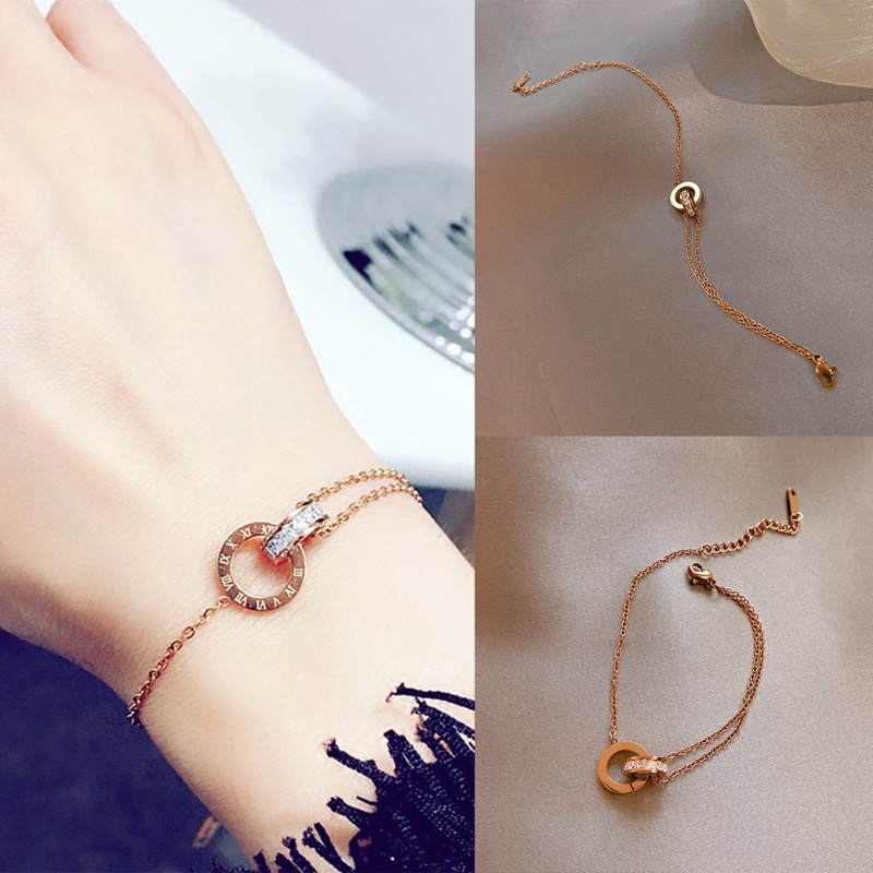 Gelang Bahan Titanium Steel Warna Rose Gold Desain Angka Romawi