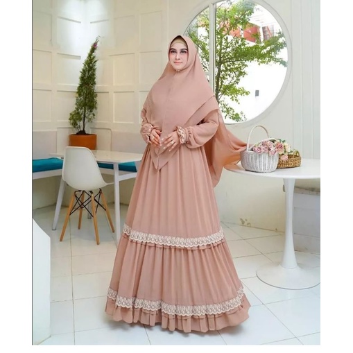 KINARA SYARI BO Bahan CERUTY BABYDOLL FULL PURING MIX RENDA LD 110 CM PJ 138 CM  SYARI WANITA TERBARU 2023 KEKINIAN GAMIS SYARI WANITA TERBARU SET KHIMAR GAMIS SET MURAH VIRAL