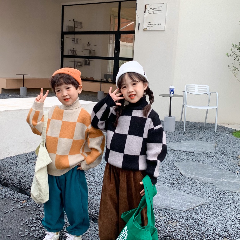 Anak Sweater  2022  Korea  Anak Laki-laki  Perempuan Papan Catur Plaid Sweater Anak All-Match Turtle