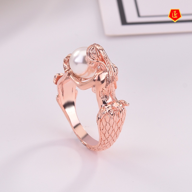 [Ready Stock]Creative Mermaid White Pearl Ring 18K Rose Gold