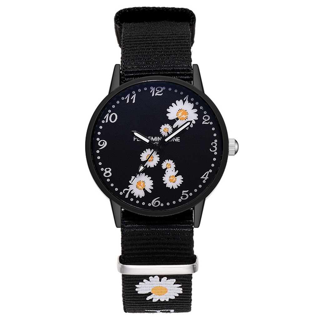 MURMURE.ID | JAM TANGAN ANALOG WANITA MODEL BULAT BUNGA DAISY HITAM IMPORT MURAH FW014-6 BUNGA