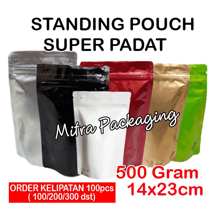 

KPACK Kemasan Standing Pouch Padat 500 PUTIH/HITAM DOFF/EMAS/HIJAU/MERAH/SILVER+ Zipper