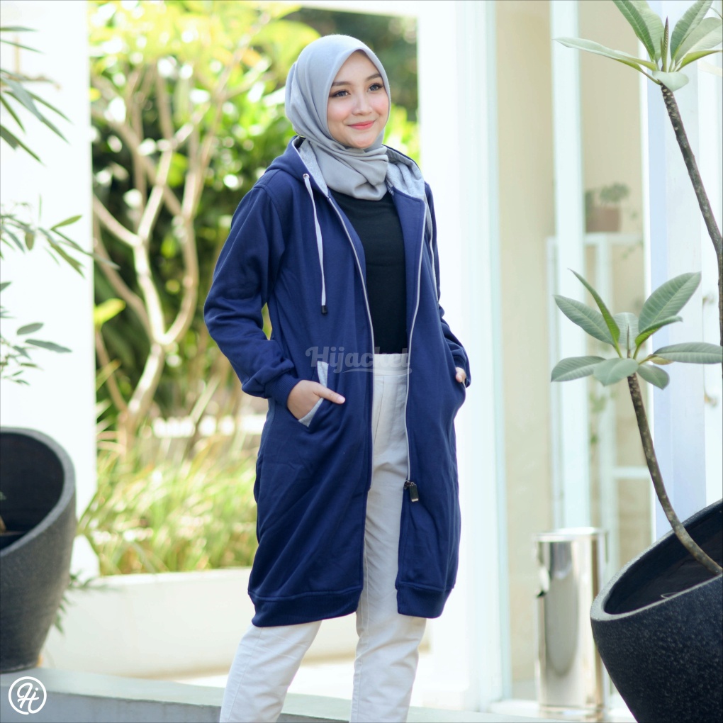 JAKET SWEATER WANITA MUSLIMAH HIJABER - HIJACKET BASIC NAVY - PANJANG HIJAB SYARI HIJAKET HIJAB