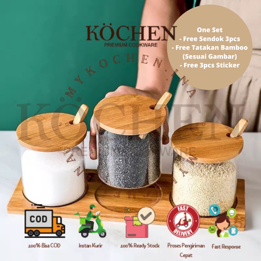 MYKOCHEN.INA Tempat Bumbu Dapur SET 3pcs Free Sticker Free Sendok Botol Bumbu Dapur Wadah Bumbu Dapur Gula Garam Kaldu Kopi Teh Multifungsi Kaca Neron Glass Bamboo Jar Toples Transparan Gaya Jepang Aesthetic Nordic Scandinavian Bambu Kayu Canister