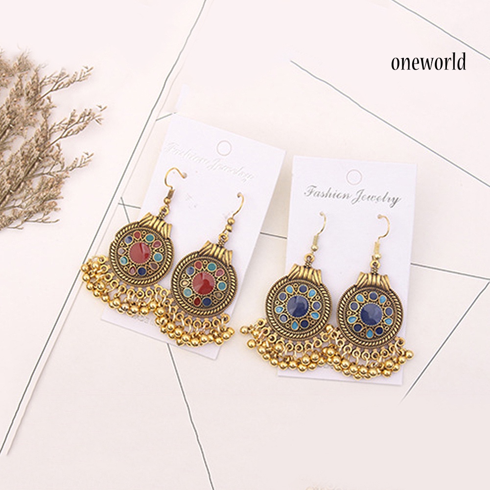 OW@ Women Ethnic Tassel Disc Flower Bead Pendant Long Dangle Hook Earring Jewelry