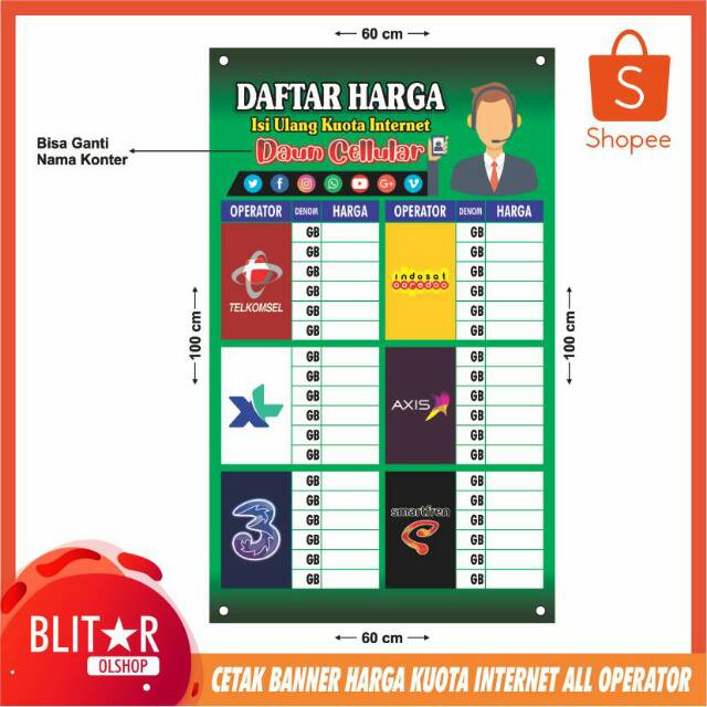 Cetak Banner Harga Kuota Internet All Operator Ukuran 60x100 Shopee Indonesia