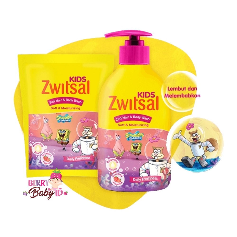 Zwitsal Kids 2in1 Hair &amp; Body Wash Spongebob Sabun &amp; Shampo Anak 280 ml Berry Mart