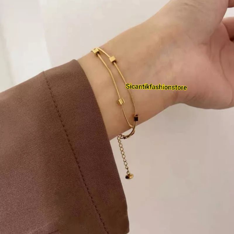 Gelang Titanium Wanita 2 Layer Terbaru Terlaris Anti Karat Selamanya  Gelang Wanita Korea Kekinian Viral 2 Layer  Gelang Wanita Gold 2 Layer