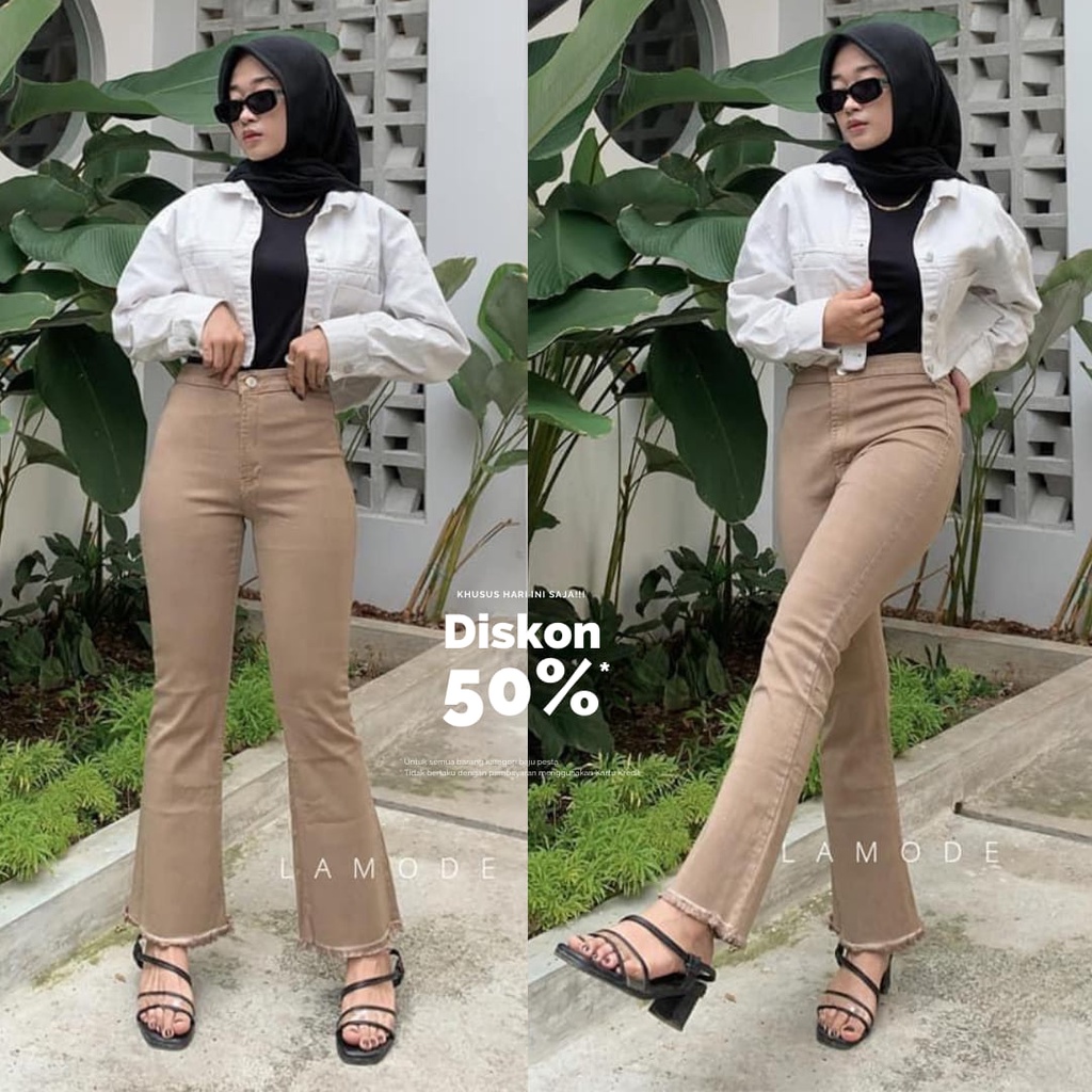 LAMODE - Jeans Wanita - Celana Higtwaist Cutbray Panjang Rawis Import Kekinian - Cutbray Jeans wanit