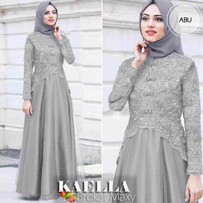 Gamis Pesta Brokat Terbaru Kaela Abu / Silver Gamis Wanita Terbaru