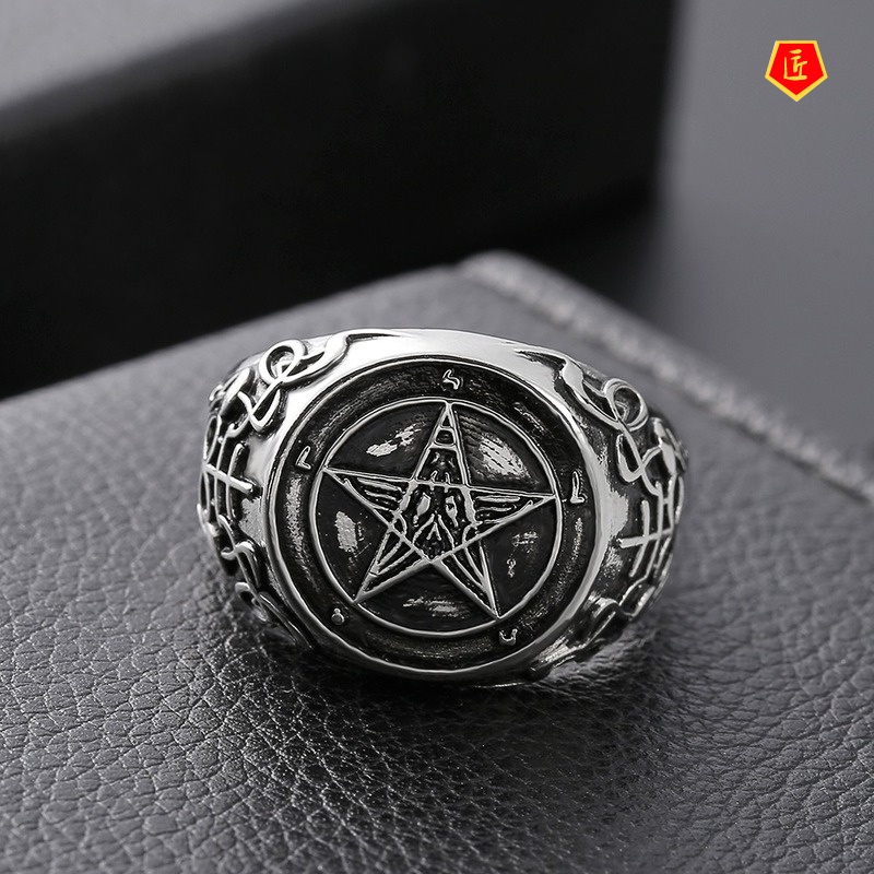 [Ready Stock]Retro Personality Silver Pentagram Band Badge Ring