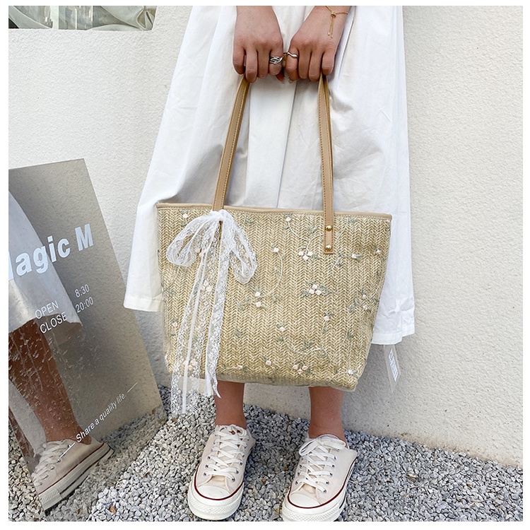 DBCOL Tas Tote Wanita Bahan Anyam Jerami Resleting/Totebag Fashion Korea Anyam Kulit Impor