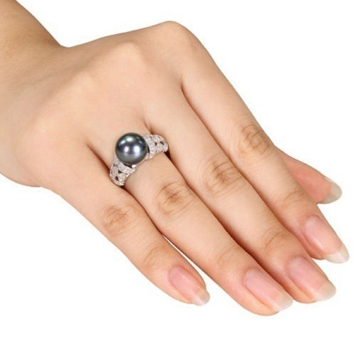 SeuSuk Fashion Silver Black Pearl &amp; Diamond  Wedding Engagement Ring Jewelry