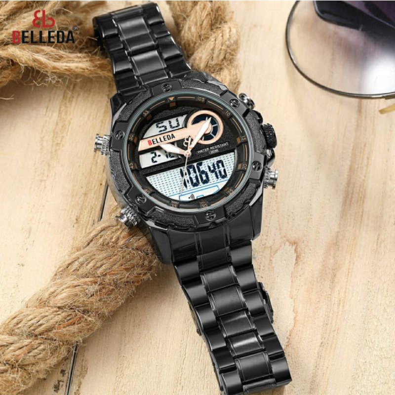 Jam Tangan Cowok Belleda B9295 Dualtime Rantai Stainless Kualitas Original Waterproof