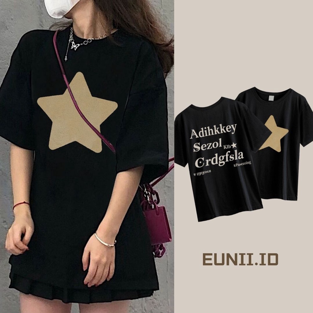 EUNII T-shirt Lengan Pendek Amerika Retro Hitam Cetak Bintang Longgar Korean Style/Kaos Atasan Wanita/Baju Kaus Oversize Wanita