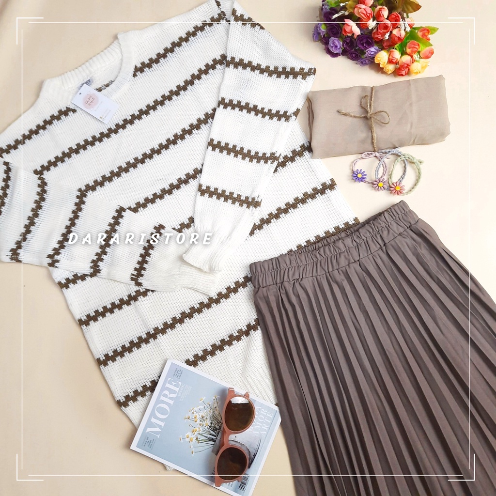 3in1 Set Miku Sweater + Rok Plisket + Hijab / Setelan Wanita baju rajut by yumidaily